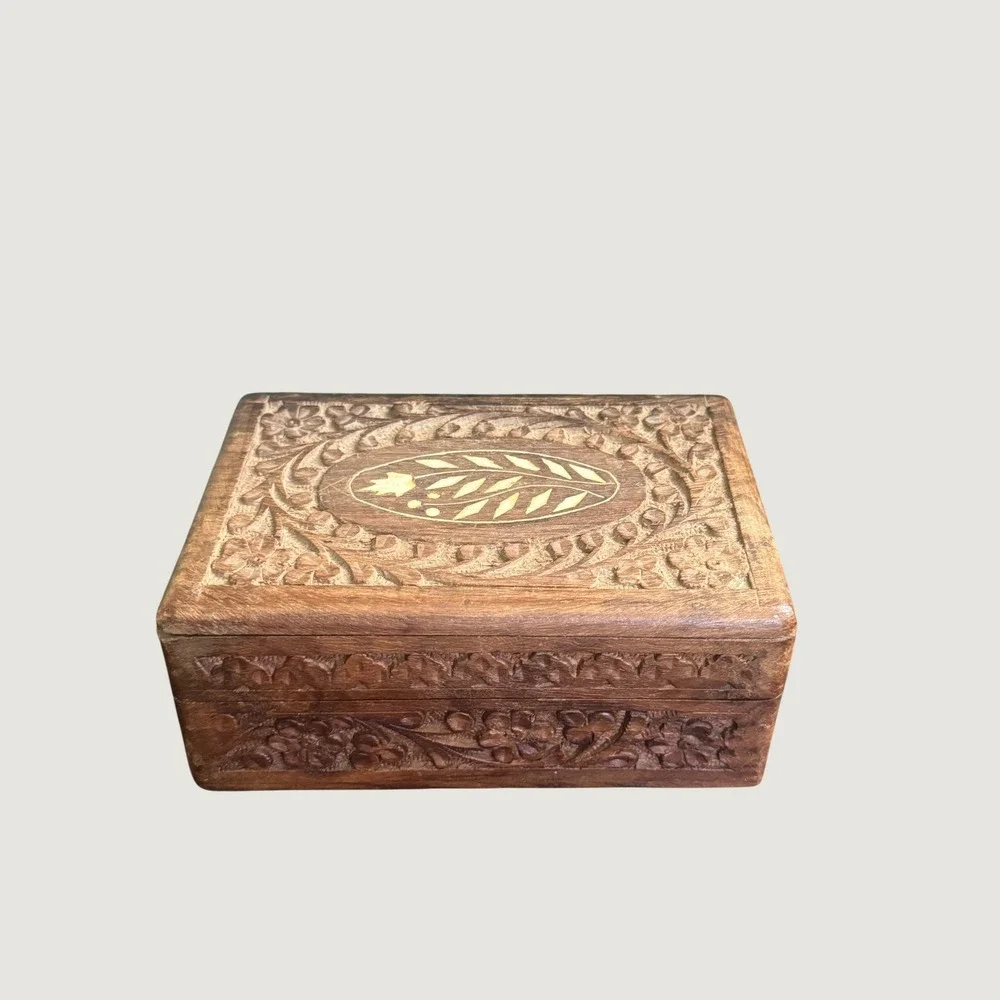 Vintage Hand Carved Wooden Jewelry Box Floral Inlay Lined Trinket Box